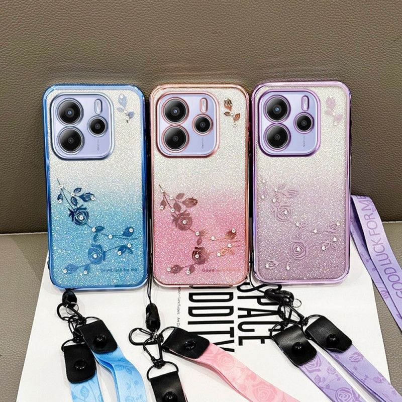 Futerały Xiaomi Redmi Note 14 4g Etui Na Telefon Kryształki I Kwiaty Ze Smyczką
