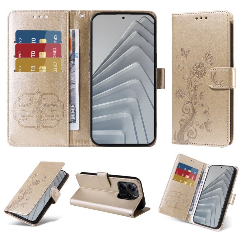 Skórzany Futerał Xiaomi Redmi Note 14 4g Etui Na Telefon Kwiaty