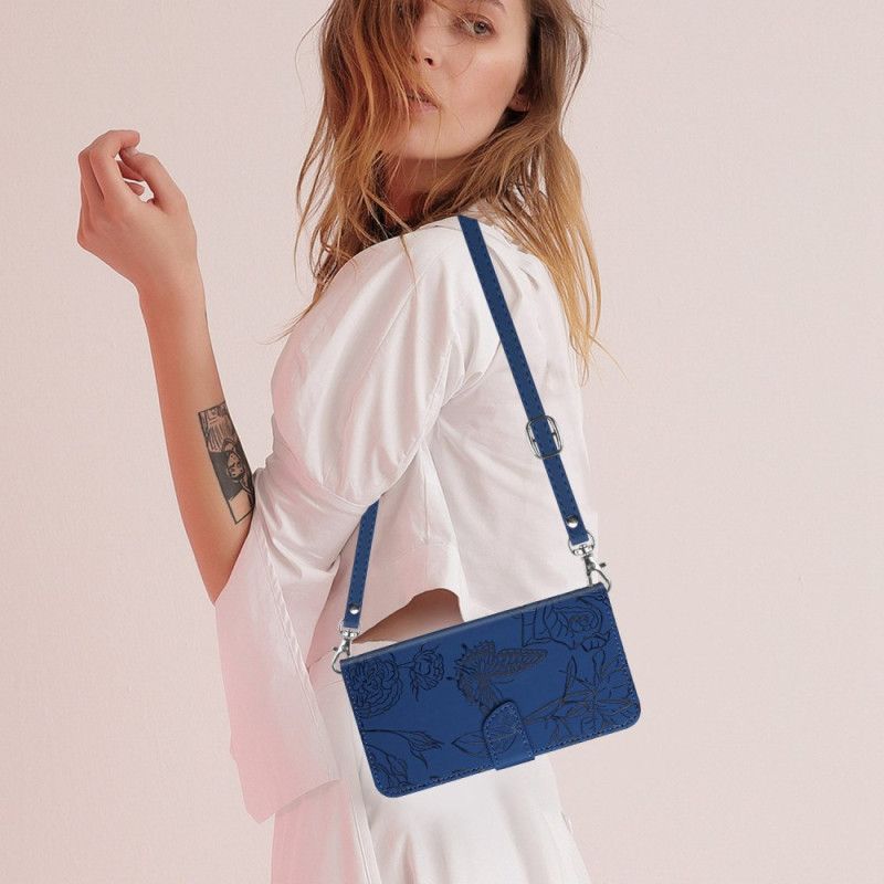 Skórzany Futerał Xiaomi Redmi Note 14 4g Etui Na Telefon Pasek Na Ramię Z Nadrukiem Motyla