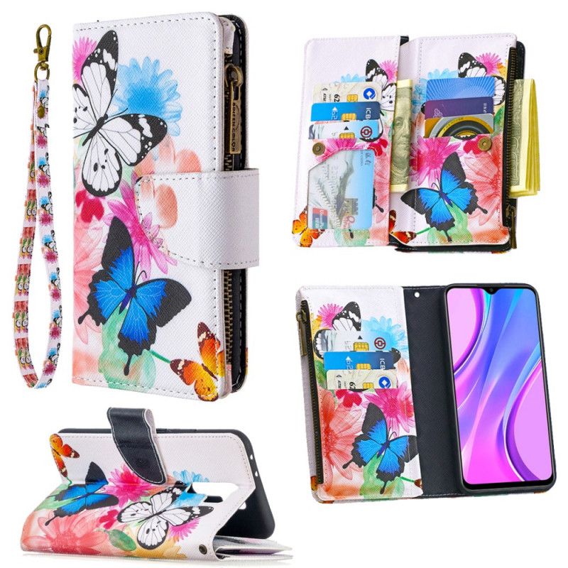 Etui Folio Xiaomi Redmi 9 Biały Czarny Kieszeń Motylkowa Na Suwak