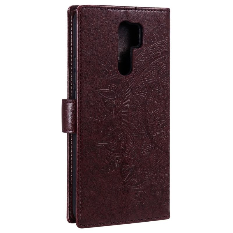 Skórzany Futerał Xiaomi Redmi 9 Magenta Szary Etui na Telefon Mandala Słońca