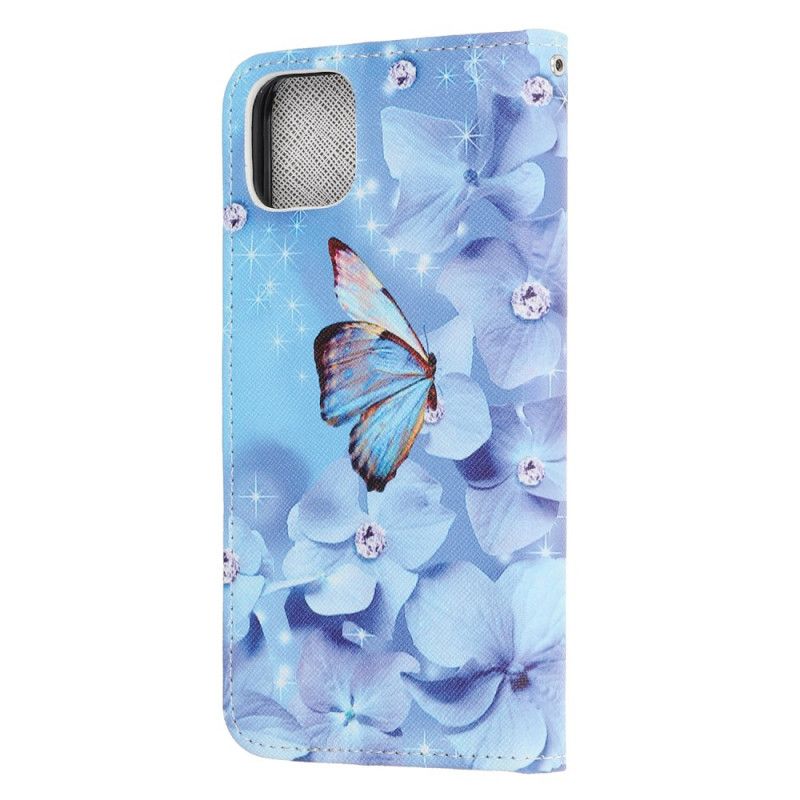 Etui Folio iPhone 12 Mini Diamentowe Motyle Ze Stringami