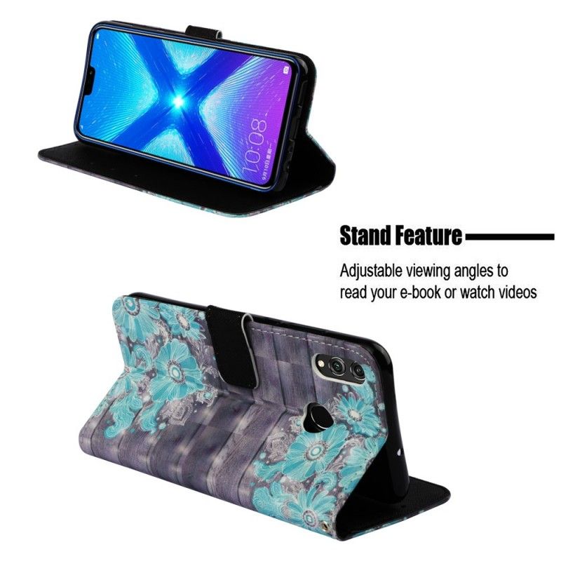 Skórzany Futerał Honor 8X Etui na Telefon Niebieskie Kwiaty