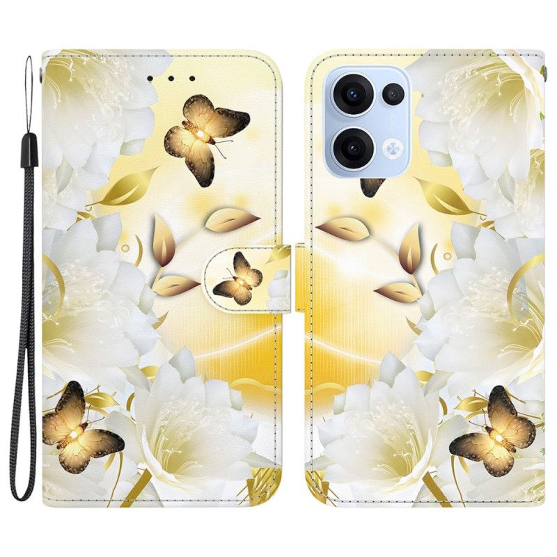 Etui Folio Oppo Reno 13 5g Złote Motyle I Kwiaty Biały