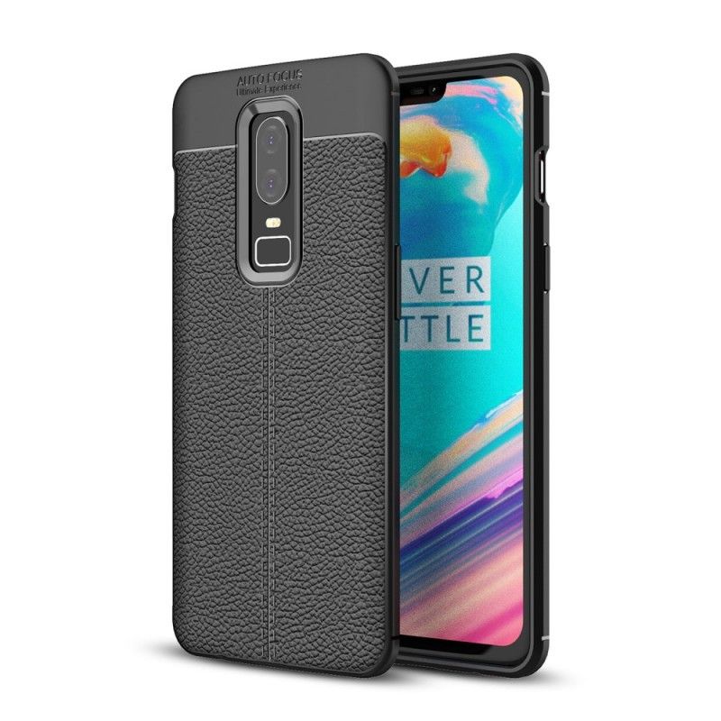 Etui OnePlus 6 Szary Czarny Efekt Skóry Z Podwójną Linią Liczi