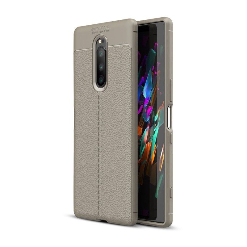 Etui Sony Xperia 1 Szary Czarny Efekt Skóry Z Podwójną Linią Liczi