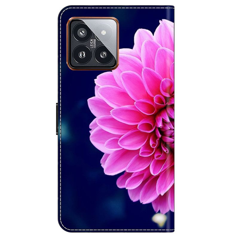 Skórzany Futerał Xiaomi 14 Pro Etui Na Telefon Różowy Kwiat Na Niebieskim Tle