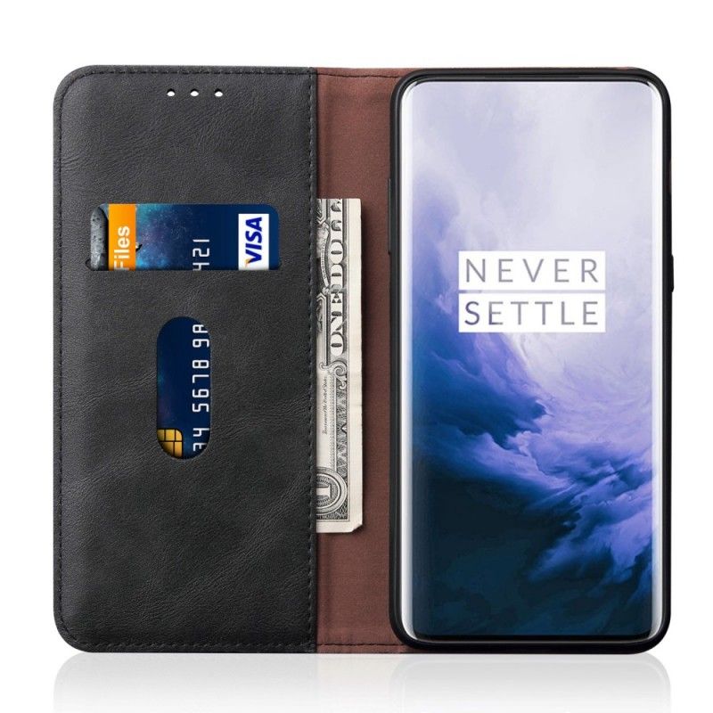 Flip Kotelot OnePlus 7 Pro Brązowy Czarny Etui na Telefon Efekt Szytej Skóry