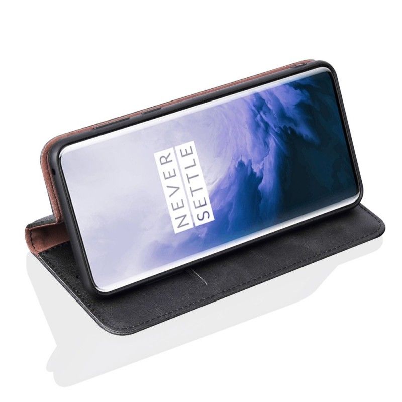 Flip Kotelot OnePlus 7 Pro Brązowy Czarny Etui na Telefon Efekt Szytej Skóry