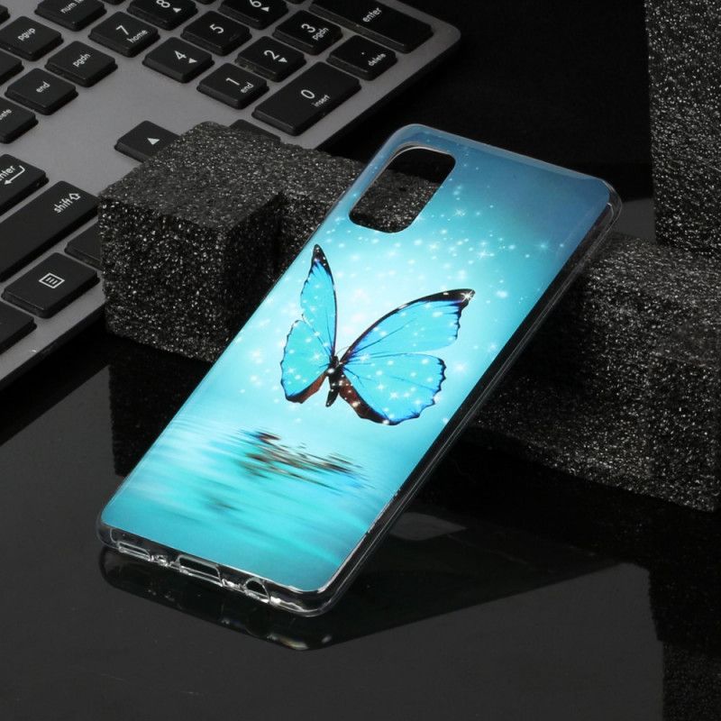 Etui Samsung Galaxy A41 Fluorescencyjny Niebieski Motyl Etui Ochronne