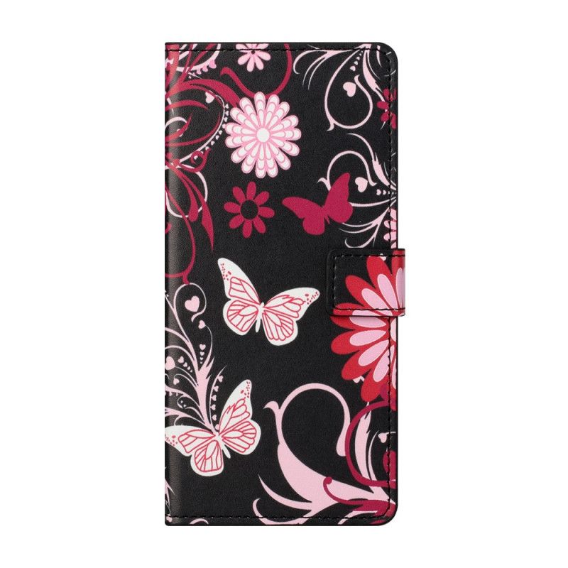 Etui Folio Samsung Galaxy S21 5G Biały Czarny Motyle I Kwiaty Etui Ochronne