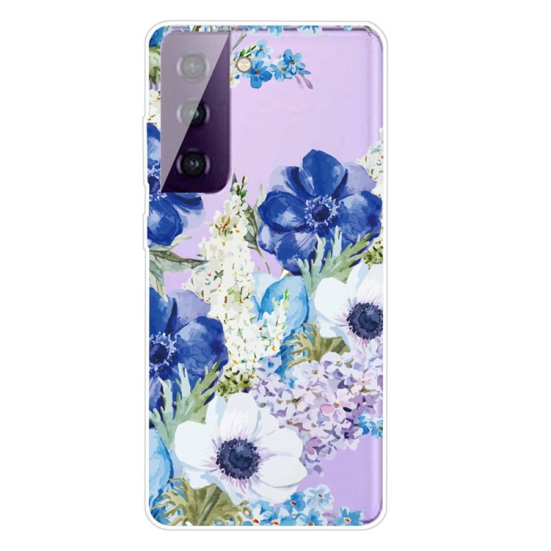 Etui Samsung Galaxy S21 5G Akwarelowe Niebieskie Kwiaty Etui Ochronne
