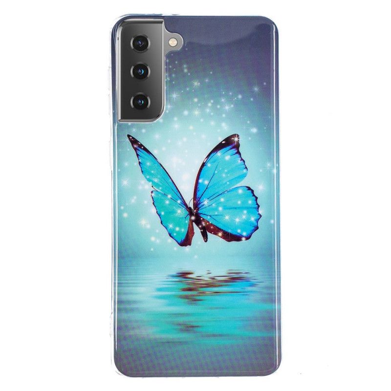 Etui Samsung Galaxy S21 5G Fluorescencyjny Niebieski Motyl Etui Ochronne