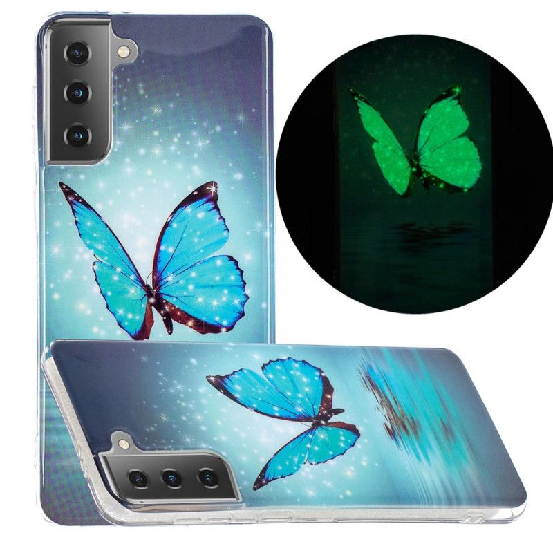 Etui Samsung Galaxy S21 5G Fluorescencyjny Niebieski Motyl Etui Ochronne