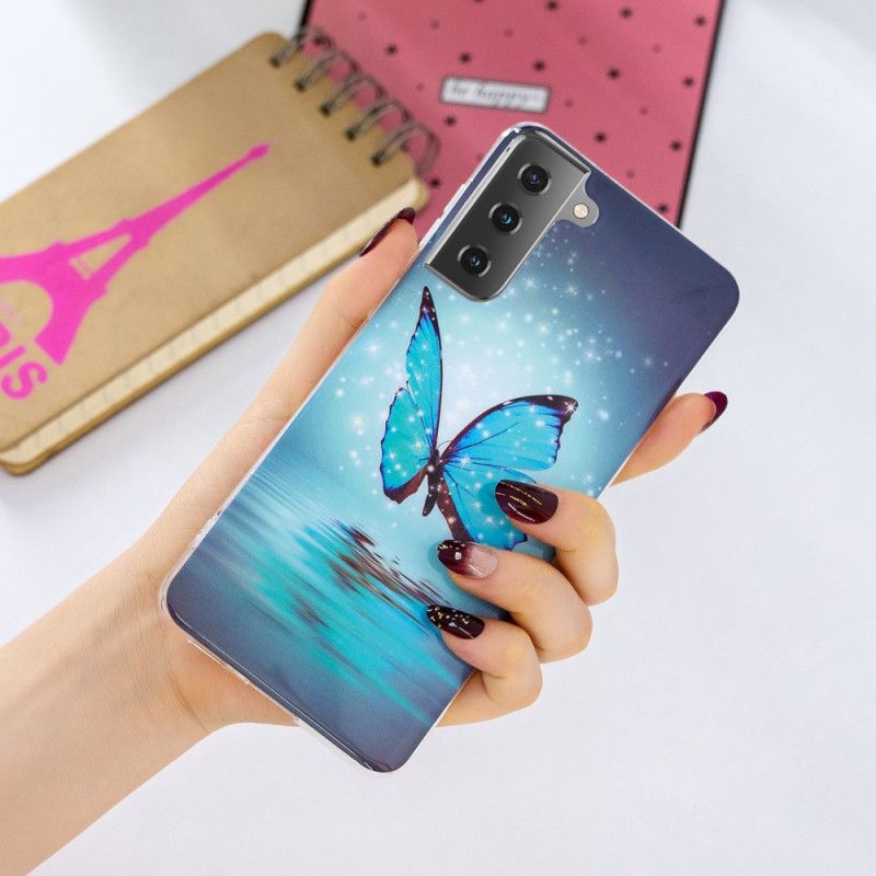 Etui Samsung Galaxy S21 5G Fluorescencyjny Niebieski Motyl Etui Ochronne