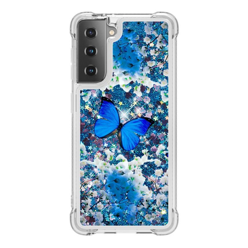 Etui Samsung Galaxy S21 5G Niebieskie Błyszczące Motyle Etui Ochronne