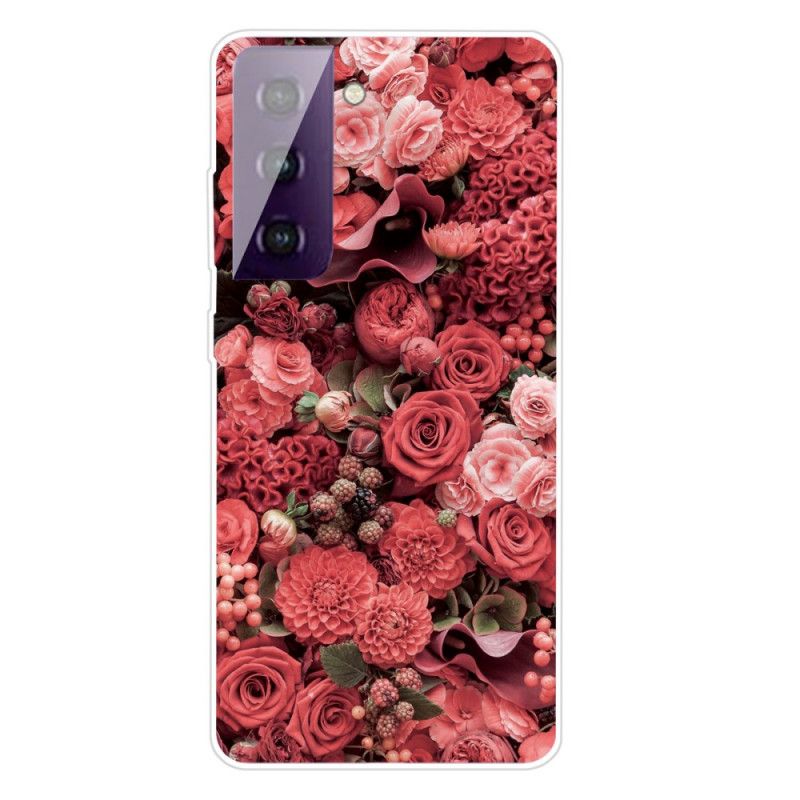 Etui Samsung Galaxy S21 5G Różowy Czerwony Intensywne Kwiaty Etui Ochronne