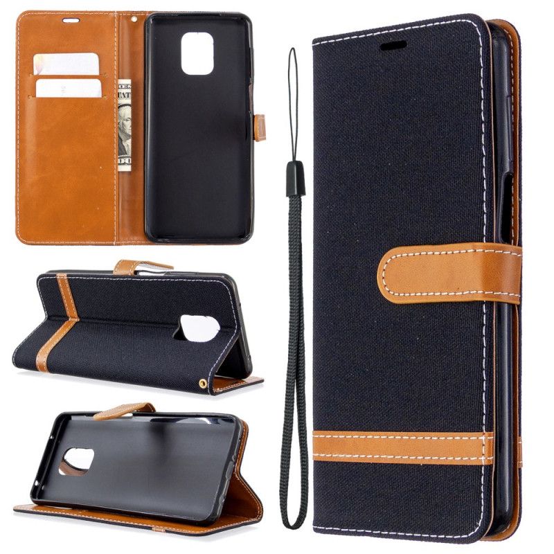 Etui Folio Xiaomi Redmi Note 9S / Note 9 Pro Szary Czarny Efekt Tkaniny I Skóry Ze Stringami