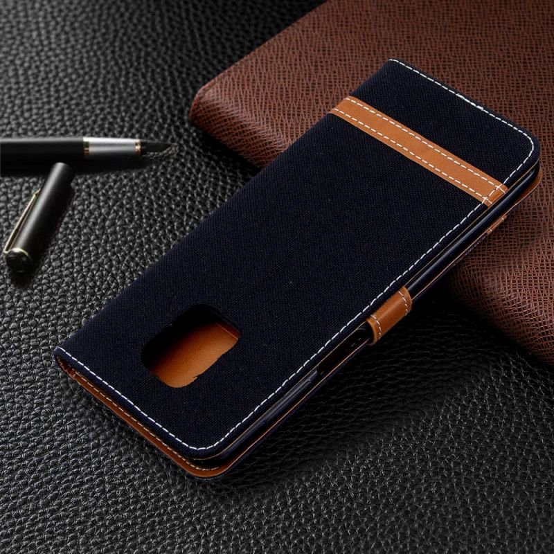 Etui Folio Xiaomi Redmi Note 9S / Note 9 Pro Szary Czarny Efekt Tkaniny I Skóry Ze Stringami