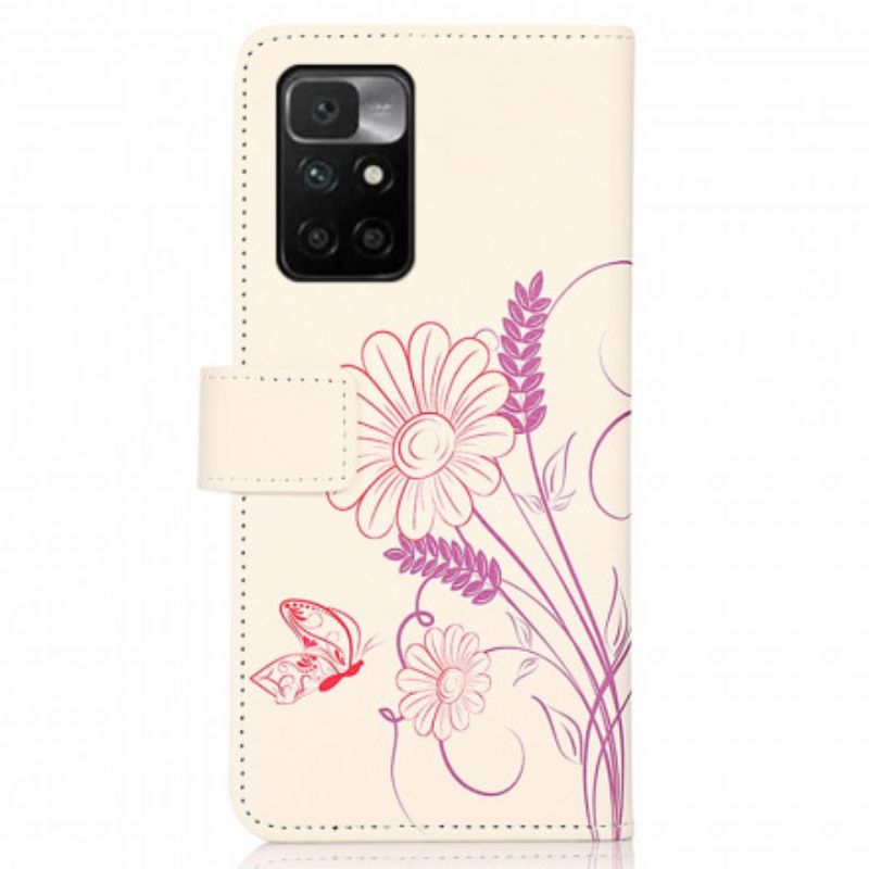 Skórzany Futerał Xiaomi Redmi 10 Etui Na Telefon Rysowanie Motyli I Kwiatów