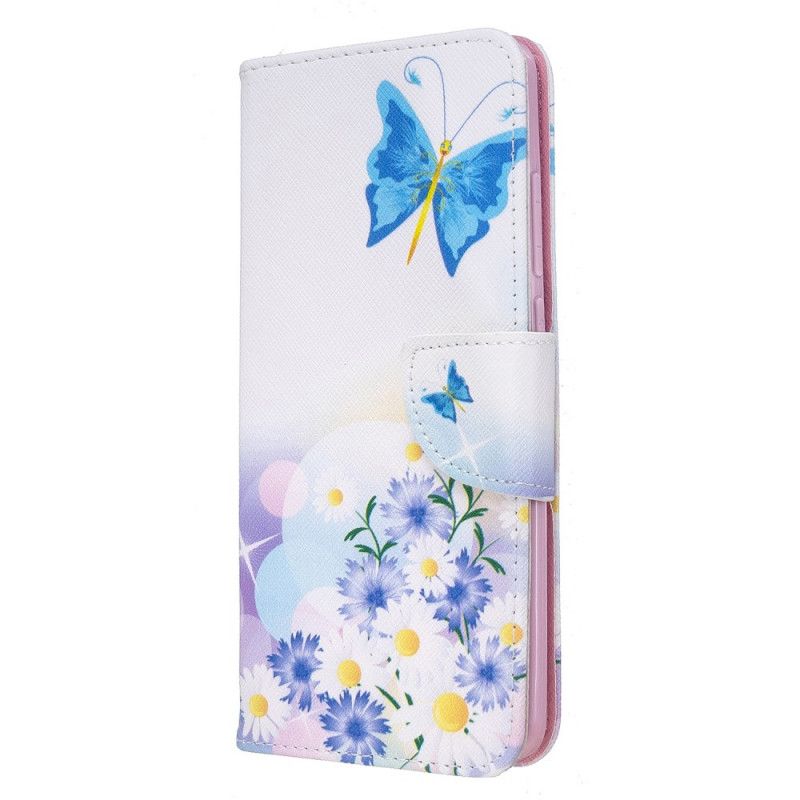 Skórzany Futerał Xiaomi Redmi 8 Jasnoniebieski Magenta Etui na Telefon Malowane Motyle I Kwiaty