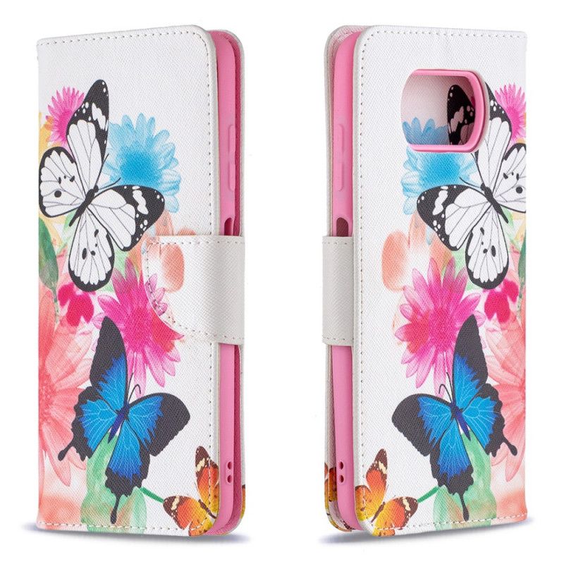 Skórzany Futerał Xiaomi Poco X3 Etui na Telefon Malowane Motyle I Kwiaty
