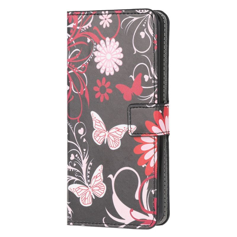 Etui Folio Samsung Galaxy A32 5G Biały Czarny Motyle I Kwiaty Etui Ochronne