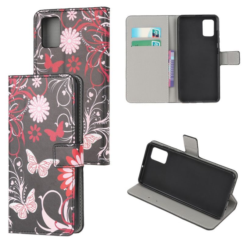 Etui Folio Samsung Galaxy A32 5G Biały Czarny Motyle I Kwiaty Etui Ochronne