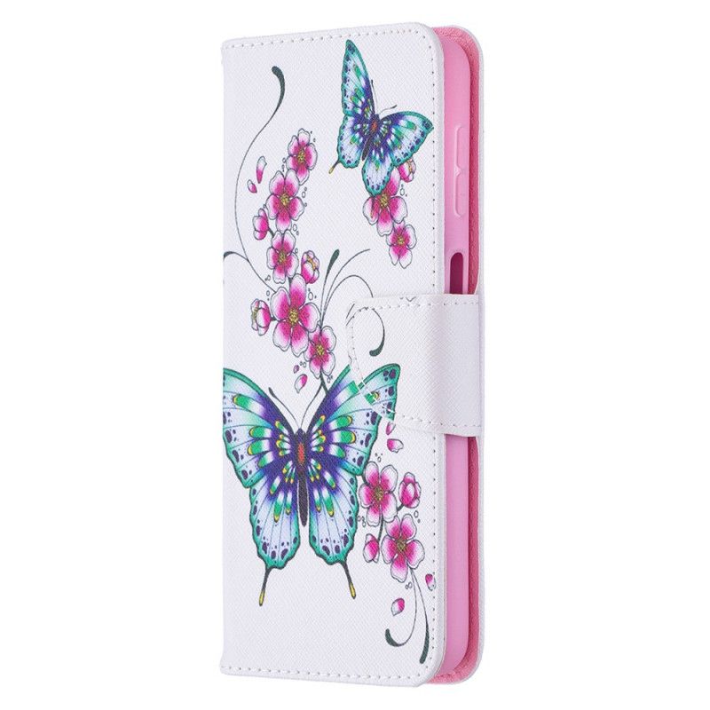 Etui Folio Samsung Galaxy A32 5G Ciemnoniebieski Magenta Motyle Akwarelowe