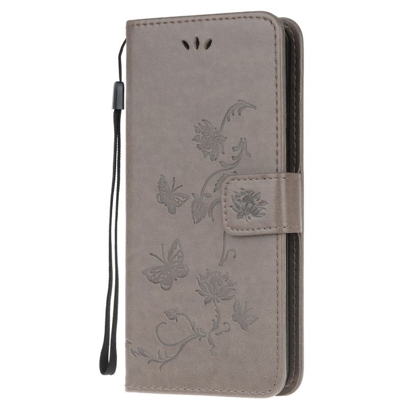 Etui Folio Samsung Galaxy A32 5G Szary Czarny Motyle I Kwiaty Stringów