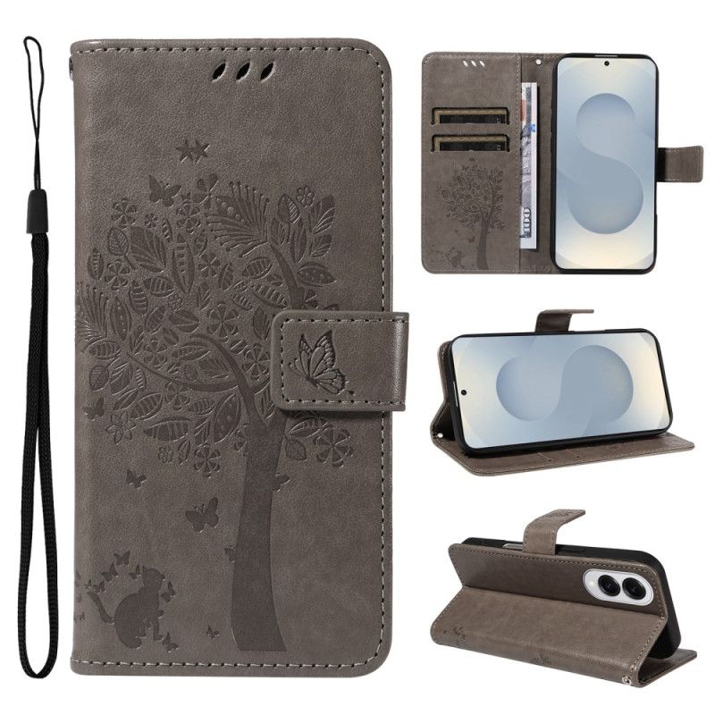 Skórzany Futerał Samsung Galaxy S25 5g Edge Etui Na Telefon Drzewo I Kot