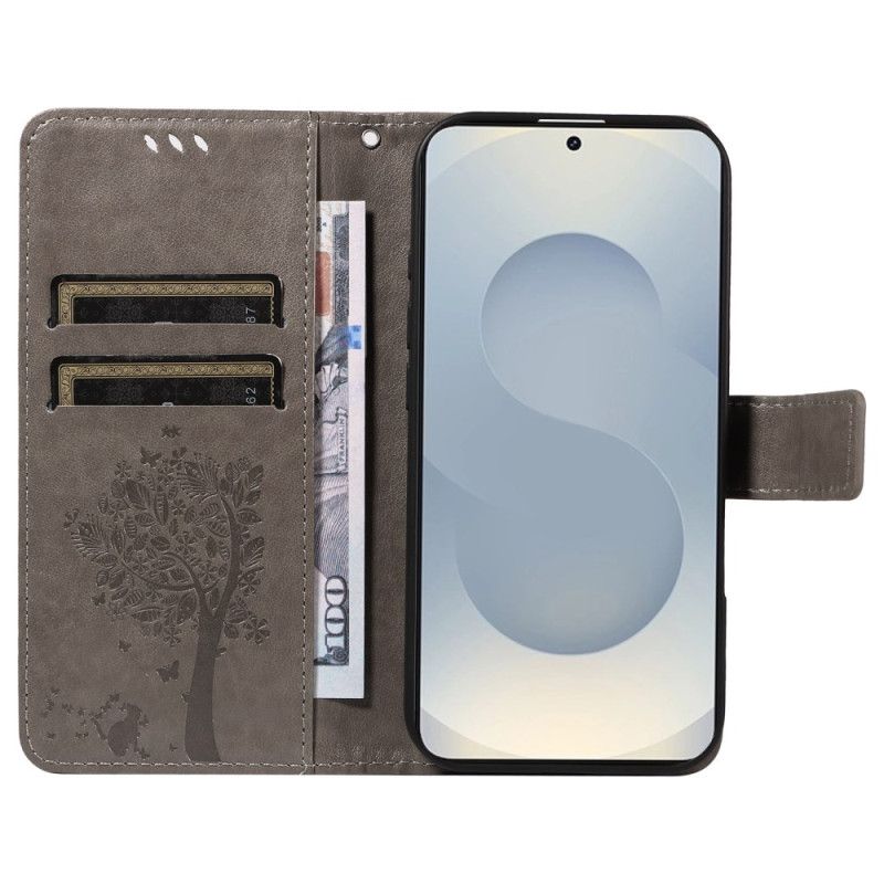 Skórzany Futerał Samsung Galaxy S25 5g Edge Etui Na Telefon Drzewo I Kot