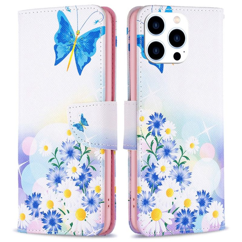Skórzany Futerał iPhone 16 Pro Max Etui Na Telefon Motyl I Kwiaty