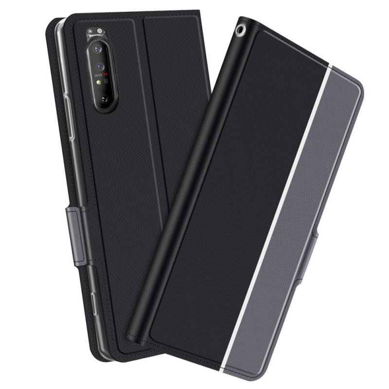 Skórzany Futerał Sony Xperia 1 II Granatowy Czarny Etui na Telefon Dwukolorowa Seria Baiyu