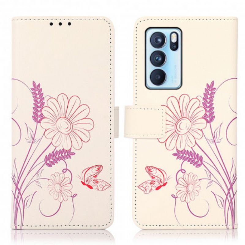 Skórzany Futerał Oppo Reno 6 Pro 5g Etui Na Telefon Rysowanie Motyli I Kwiatów