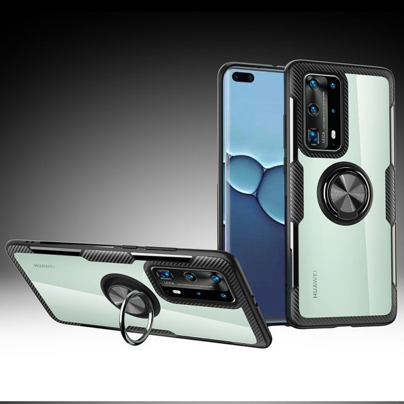 Etui Huawei P40 Pro Czerwony Czarny Przezroczysty Metalowy Pierścień Premium