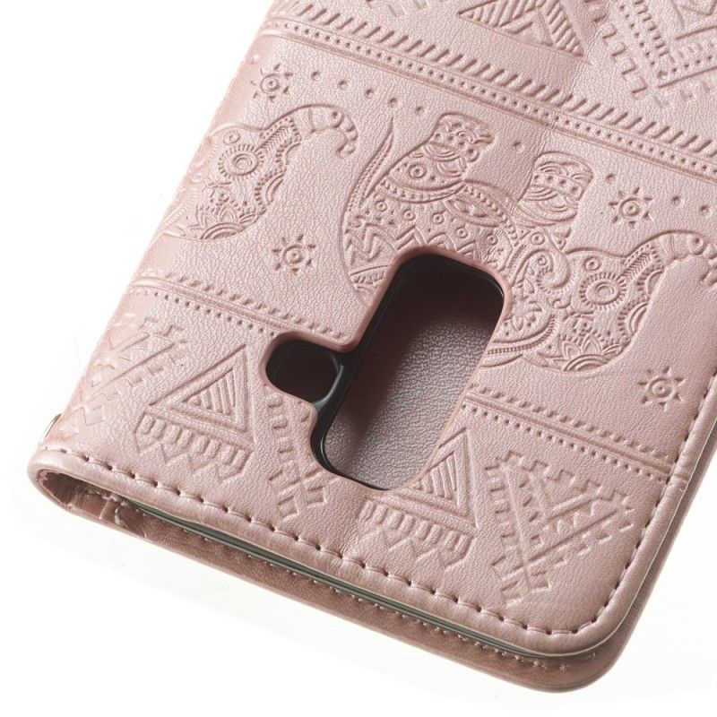 Skórzany Futerał Samsung Galaxy A6 Plus Fioletowy Etui na Telefon Słonie Plemienne Ze Sztucznej Skóry
