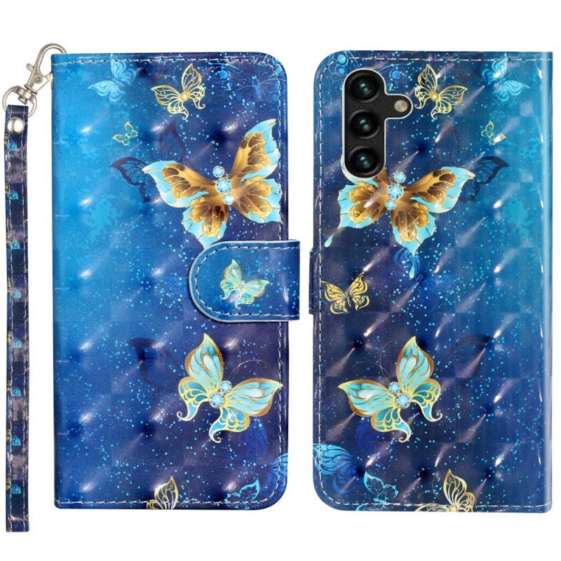 Obudowa Samsung Galaxy S24 Fe Etui Na Telefon Niebieskie I Złote Motyle Z Paskiem