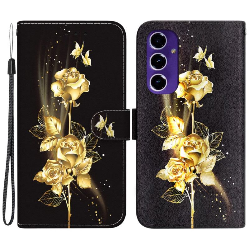 Skórzany Futerał Samsung Galaxy S24 Fe Etui Na Telefon Złote I Różowe Motyle Z Paskiem
