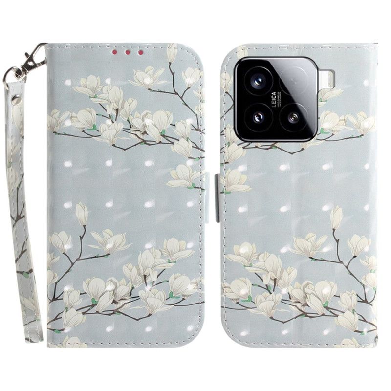 Etui Folio Xiaomi 15 Smycz Wzór Magnolii Etui Ochronne