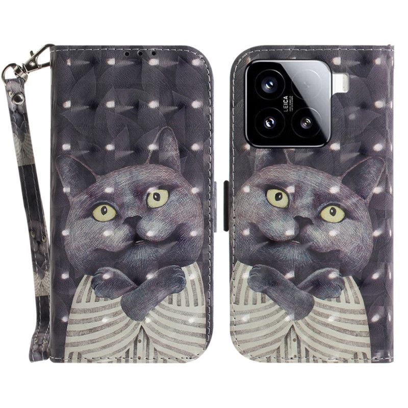 Skórzany Futerał Xiaomi 15 Etui Na Telefon Szary Kot Z Paskiem