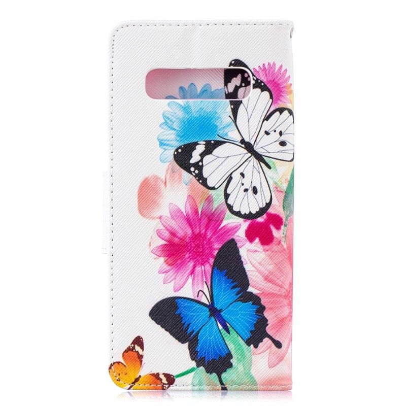 Skórzany Futerał Samsung Galaxy S10 Plus Purpurowy Etui na Telefon Malowane Motyle I Kwiaty