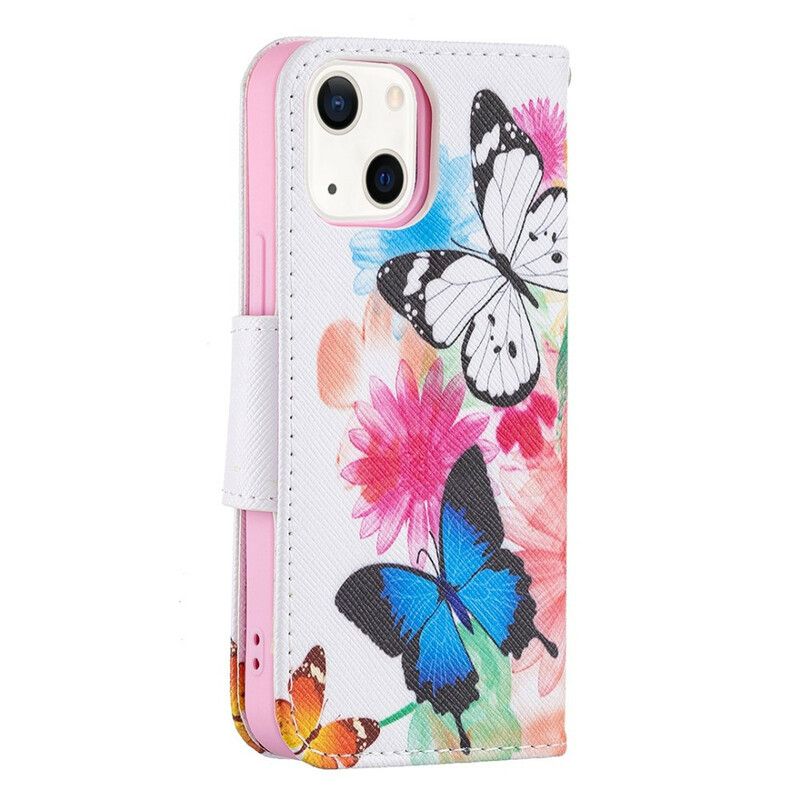 Etui Folio Iphone 13 Mini Malowane Motyle I Kwiaty Etui Ochronne