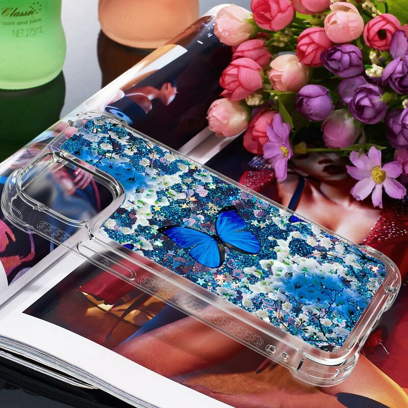 Etui Iphone 13 Mini Niebieskie Brokatowe Motyle