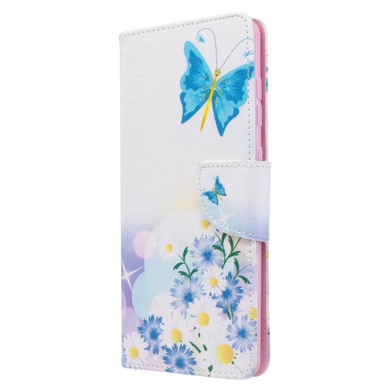 Etui Folio Samsung Galaxy A71 Jasnoniebieski Magenta Malowane Motyle I Kwiaty