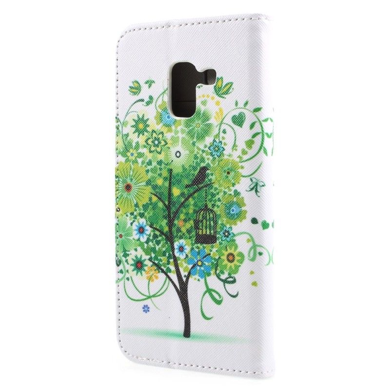 Skórzany Futerał Samsung Galaxy A8 Zielony Etui na Telefon Kwitnące Drzewo