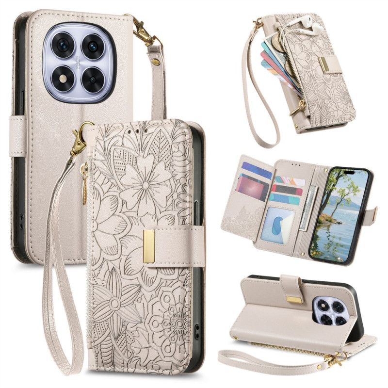 Etui Folio Do Xiaomi Redmi Note 15 Pro Plus 5g Kwiatowy Wzór I Kieszeń Na Zamek Błyskawiczny
