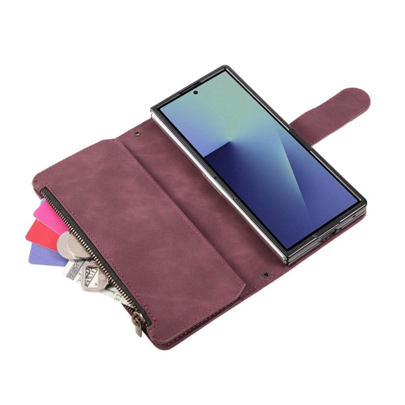 Skórzany Futerał Samsung Galaxy Z Fold 7 Etui Na Telefon Portfel Z Efektem Zamszu Z Paskiem Na Ramię