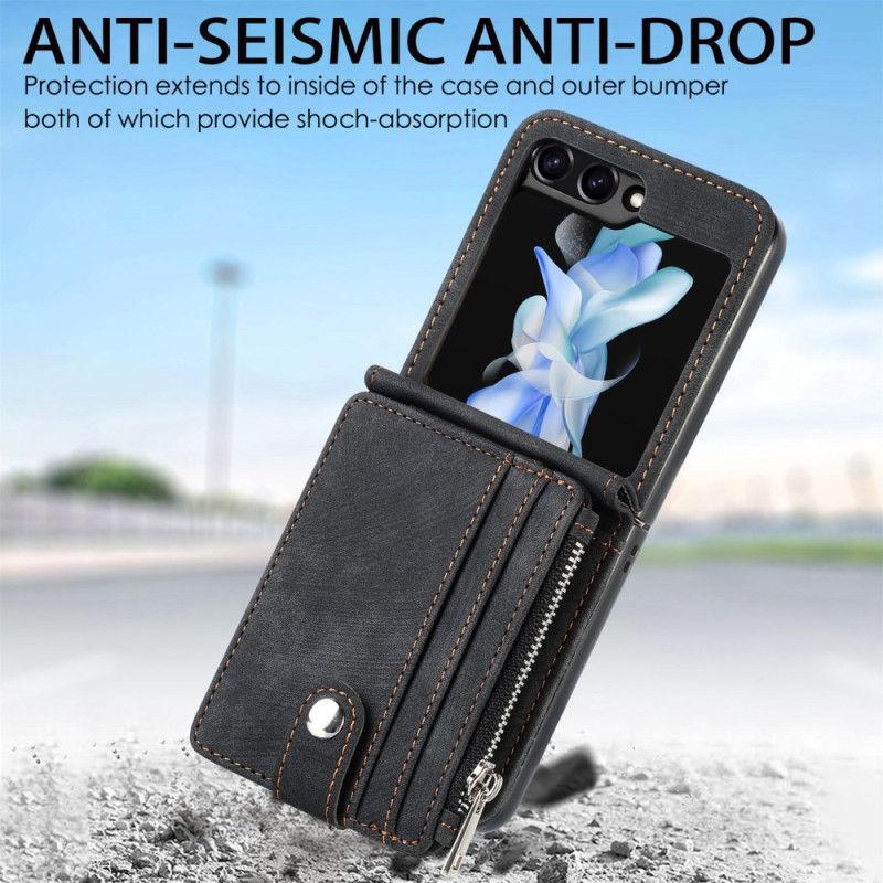 Etui Samsung Galaxy Z Flip 7 Fe Stojak Retro I Uchwyt Na Karty Z Zamkiem Błyskawicznym