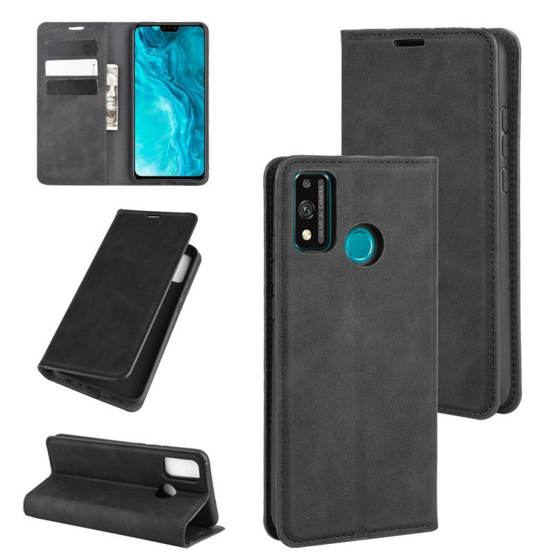 Flip Kotelot Honor 9X Lite Czerwony Czarny Jedwabisty Efekt Miękkiej Skóry Etui Ochronne